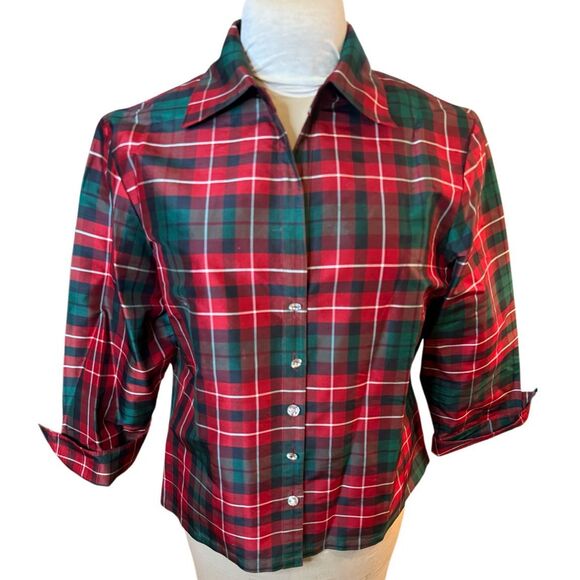Jones New York Country 100% Silk Tartan Plaid Blouse Sz.16  3/4 Slvs - Picture 1 of 8